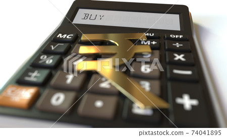 Rupee money symbol on the keys and BUY text on calculator display, conceptual 3d rendering 74041895