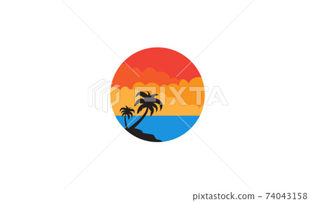 sea with coconut tree and sunset circle... - Stock Illustration ...