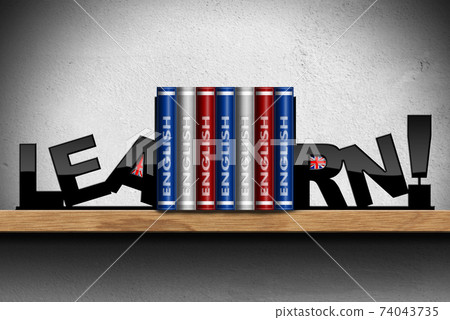 Learn English Language - Shelf with Books and Union Jack Flags 74043735