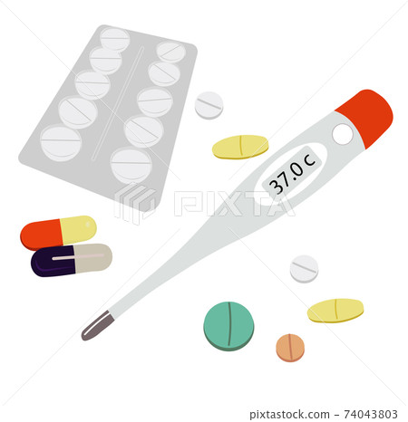 Vector stock illustration of a close-up Flu pills, a set of medicine for the disease. Medicine. Isolated on a white background. A thermometer for measuring the patient's body temperature. 74043803
