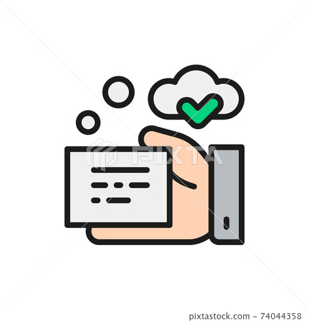 Hand with receipt, signed prescription, quality control flat color line icon. 74044358