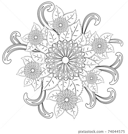 Black and white circle flower ornament, ornamental round lace design. Floral mandala 74044575