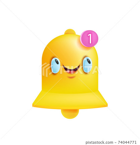 Notification bell, alarm yellow vector icon, notice cute smiling face reminder isolated on white 74044771