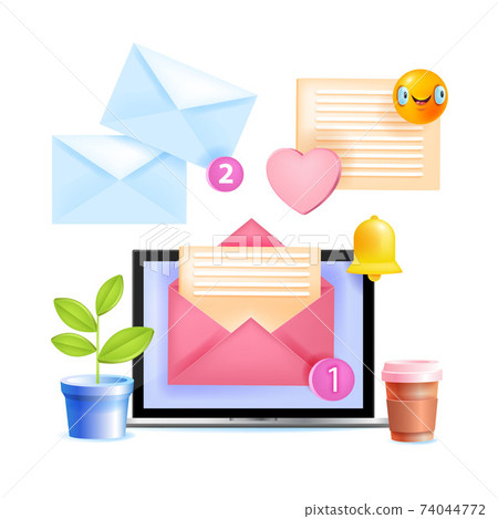 Notification vector icon set, new message alert 3D concept isolated on white with laptop, envelopes Notification vector icon set, new message alert 3D concept isolated on white with laptop, envelopes 74044772