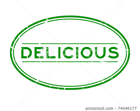 Grunge green delicious word oval rubber seal stamp on white background 74046177