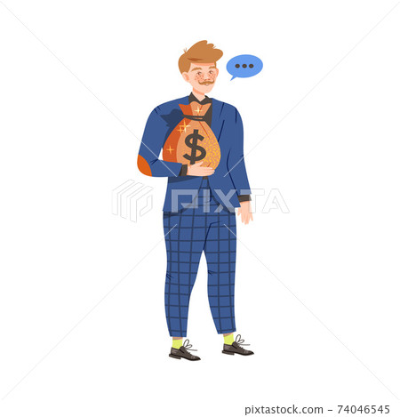 Male Holding Sack with Money Coins and Dollar Banknotes Vector Illustration 74046545
