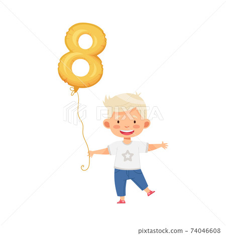 Cute Boy Holding Golden Number Shaped Balloon by the String Vector Illustration Cute Boy Holding Golden Number Shaped Balloon by the String Vector Illustration 74046608