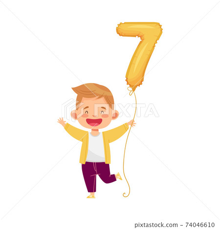 Cute Boy Holding Golden Number Shaped Balloon by the String Vector Illustration Cute Boy Holding Golden Number Shaped Balloon by the String Vector Illustration 74046610