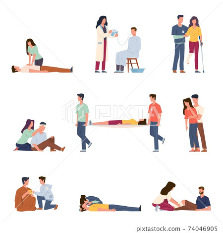 First medical aid. Emergency help people in situations health threat, artificial respiration, gastric lavage, chest compressions. Reanimation and resuscitation. Vector flat isolated set First medical aid. Emergency help people in situations health threat, artificial respiration, gastric lavage, chest compressions. Reanimation and resuscitation. Vector flat isolated set 74046905