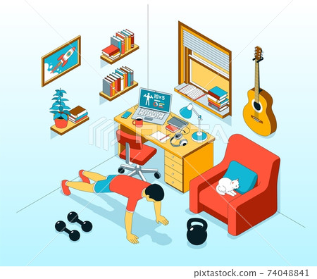 Pushup - exercise at home. Home workout in workplace. Pushup - exercise at home. Home workout in workplace. 74048841