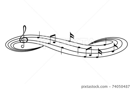 Music notes on staves. Music staff black notes symbols in rounded corners style. Abstract row of musical notes and chords collection. Vector musical notation 74050487