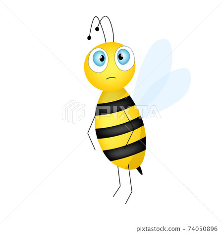 Cartoon cute bee mascot. A surprised bee flies. Small wasp. Vector character. Insect icon. Template design for invitation, cards, wallpaper, kindergarten. Doodle style. 74050896