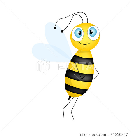 Cartoon cute bee mascot. A surprised bee flies. Small wasp. Vector character. Insect icon. Template design for invitation, cards, wallpaper, kindergarten. Doodle style. 74050897