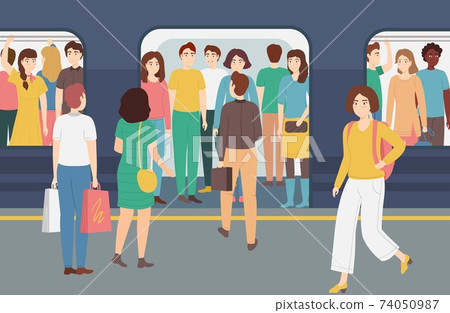 Cartoon Color Characters People and Overcrowded Underground Concept. Vector 74050987
