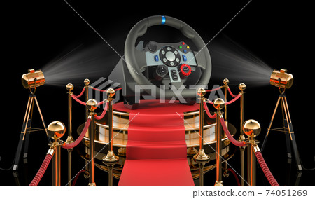 Podium with gaming steering wheel, 3D rendering 74051269