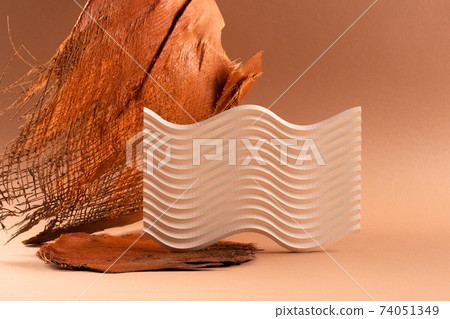 Still life composition with natural palm tree bark and wavy shape in orange and brown colors. Trendy image with copy space. Simplicity and minimalist concept photography. Selective focus Still life composition with natural palm tree bark and wavy shape in orange and brown colors. Trendy image with copy space. Simplicity and minimalist concept photography. Selective focus 74051349