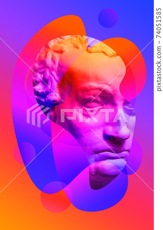 Collage with plaster antique sculpture of human face in a pop art style. Modern creative concept image with ancient statue head. Zine culture. Contemporary art poster. Funky minimalism. Retro design. 74051585