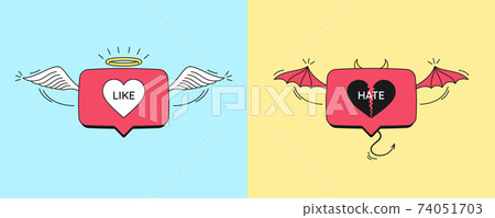 Cartoon bubble notifications with text Like and Hate for social media 74051703