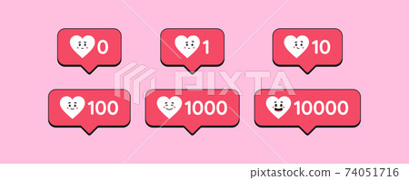Bubble notification of like counter with cartoon heart and face expressions. Joy growth 74051716