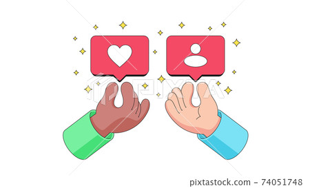 International friendship and support. Cartoon human hands exchange and share likes and subscriptions International friendship and support. Cartoon human hands exchange and share likes and subscriptions 74051748