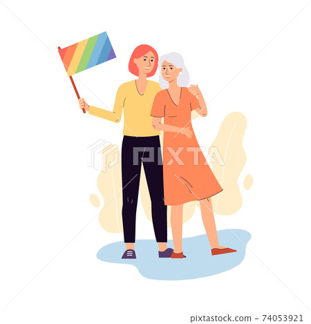 Female lgbt couple with rainbow flag a flat... - Stock Illustration ...