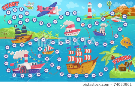 Kids maze game design with various ships flat vector cartoon illustration. 74053961