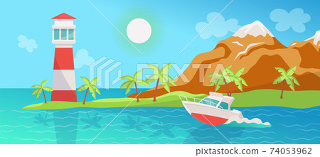 Tropical summer day sea landscape with boat, flat cartoon vector illustration. Tropical summer day sea landscape with boat, flat cartoon vector illustration. 74053962