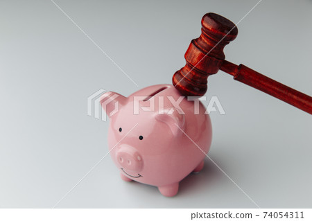 Judge gavel and piggy bank on a white table. 74054311
