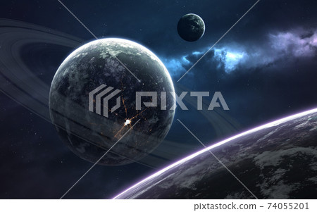 Ringed planet. Deep space image, science fiction fantasy in high resolution ideal for wallpaper and print. Elements of this image furnished by NASA 74055201
