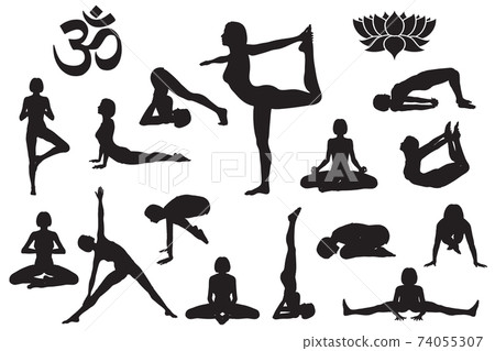 Silhouettes of girl in yoga poses Silhouettes of girl in yoga poses 74055307