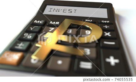 INVEST text on calculator display and ruble money symbol. Financial concept. 3d rendering 74055535