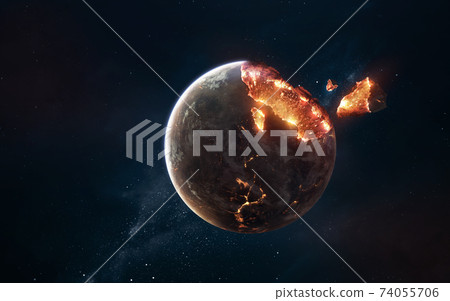 Planet explosion. Apocalypse in space, destroying cosmic object. Elements of this image furnished by NASA 74055706
