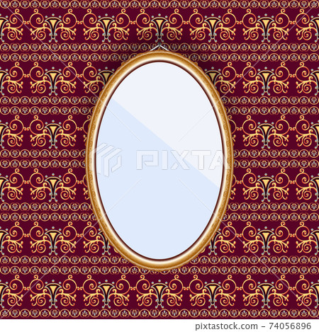 Oval mirror in a frame on the wall with patterned wallpaper. 74056896