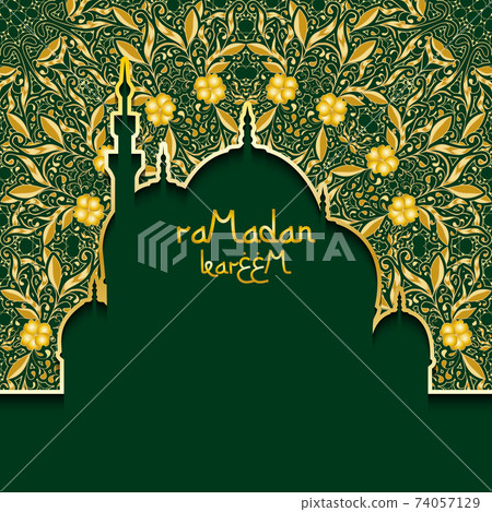 Greeting background to Muslim holiday of Ramadan. Green background with gold pattern. The inscription Ramadan Kareem. Greeting background to Muslim holiday of Ramadan. Green background with gold pattern. The inscription Ramadan Kareem. 74057129