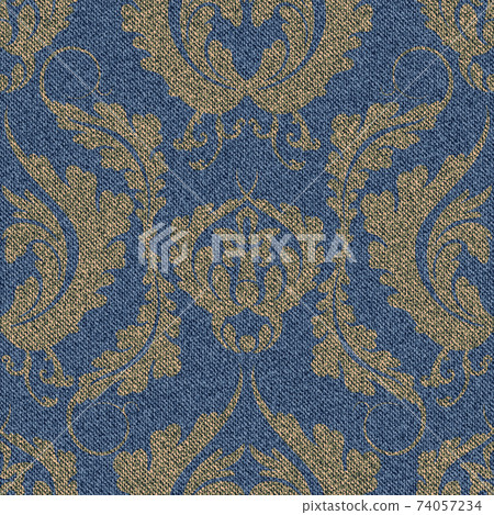 Denim seamless pattern with a gold Damascus print. Blue background with a large floral ornament. 74057234