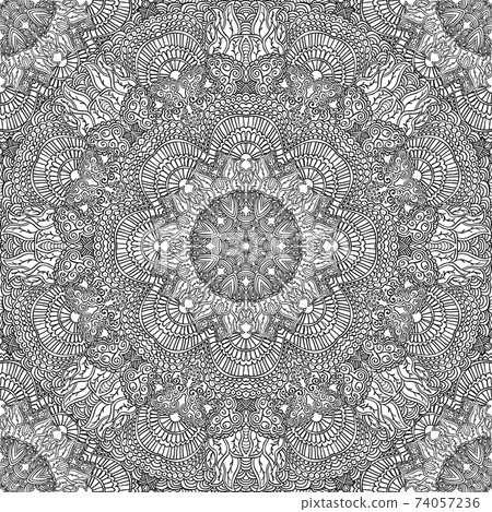 Monochrome seamless pattern in ethnic style. Hand drawn black doodle ornament on a white background. Monochrome seamless pattern in ethnic style. Hand drawn black doodle ornament on a white background. 74057236