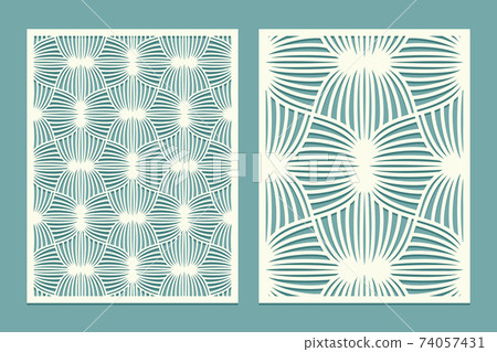 Die and laser cut screen panels with doodling pattern. Laser cutting decorative geometric linear borders ornament. Set of Wedding Invitation or greeting card templates. 74057431