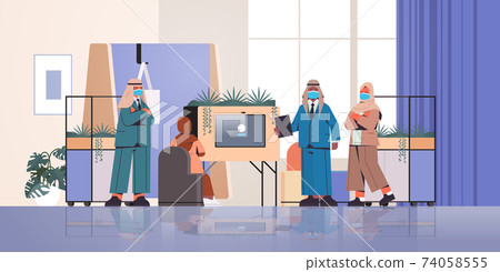 arabic businesspeople in masks making presentation in creative coworking center coronavirus pandemic teamwork 74058555