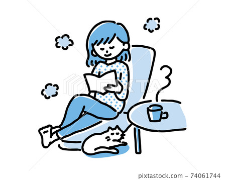 Illustration of a relaxing woman and a cat Blue 74061744