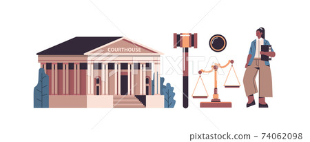 law and justice set female lawyer and courthouse govel scales icons collection law and justice set female lawyer and courthouse govel scales icons collection 74062098