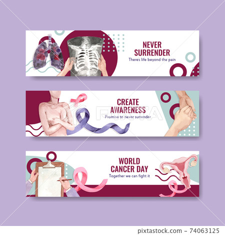 Banner template with world cancer day concept design for advertise and marketing watercolor vector illustration. Banner template with world cancer day concept design for advertise and marketing watercolor vector illustration. 74063125