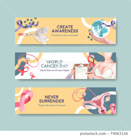 Banner template with world cancer day concept design for advertise and marketing watercolor vector illustration. 74063126