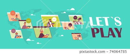 mix race friends using joysticks playing video games in web browser windows during virtual conference 74064785