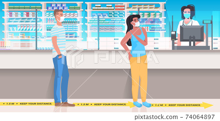 patients standing queue at pharmacy counter keeping distance to prevent coronavirus pandemic social distancing patients standing queue at pharmacy counter keeping distance to prevent coronavirus pandemic social distancing 74064897