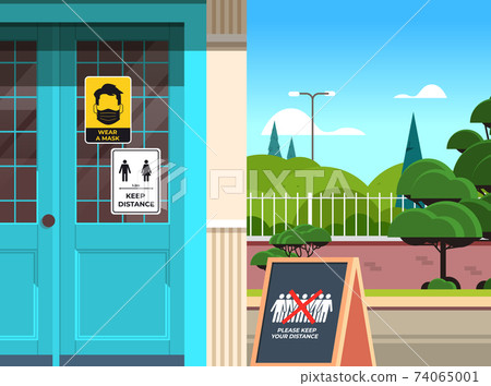 signboards for social distancing on door coronavirus epidemic protection measures concept signboards for social distancing on door coronavirus epidemic protection measures concept 74065001