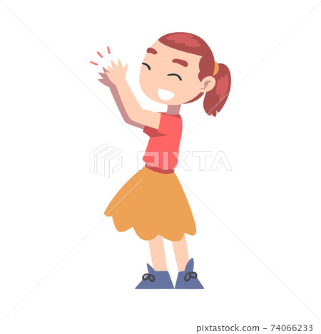 Smiling Little Girl Clapping her Hands, Adorable Kid Expressing Enjoyment, Appreciation, Delight Cartoon Style Vector Illustration 74066233