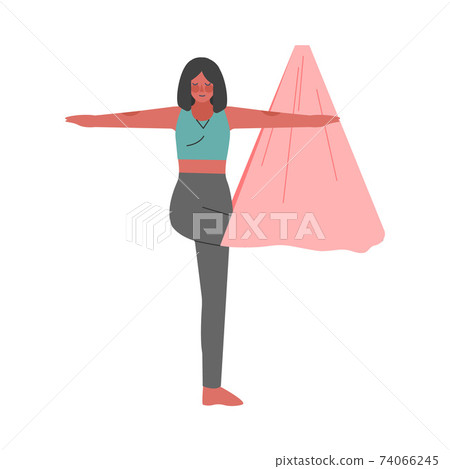 Girl Doing Air Yoga, Slim Young Woman Practicing Flying Anti Gravity Yoga with Hammock, Healthy Lifestyle Concept Cartoon Style Vector Illustration 74066245