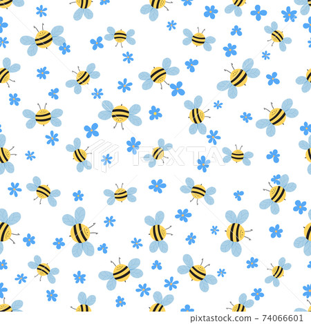 Seamless pattern with bees and flowers on white background. Adorable cartoon wasp characters. Template design for invitation, cards, textile, fabric. Doodle style. Vector stock illustration. 74066601