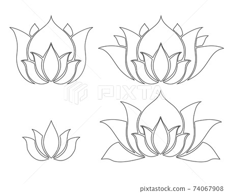 Set of different contour flowers of lotuses. Icons for yoga sports centers. Logos for spa centers and beauty salons. Vector outline natural floral elements. 74067908