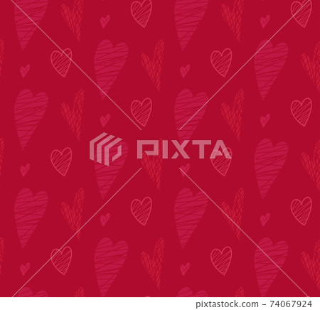 Seamless pattern of pink silhouette and outline doodle hearts with hatching on red background. Scribble texture. Love on Valentines Day holiday 74067924